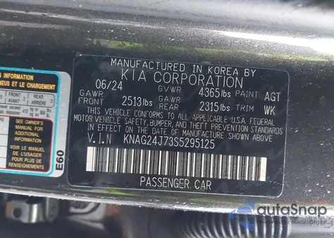 2025 Kia K5 Lxs из США, поврежденный, VIN KNAG24J73S5295125